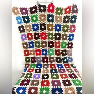 Vintage Large Hand Crochet Granny Square Blanket Afghan Throw 42x72 White Trim
